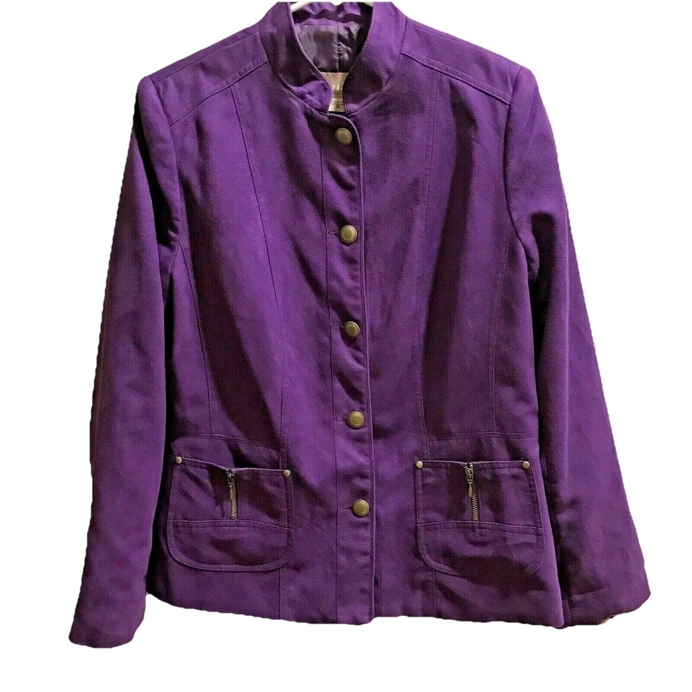 TanJay Faux Suede Jacket Mandarin Collar Purple Button Closure Size 10 EUC